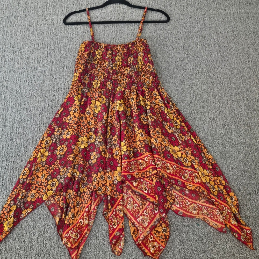 Gardenbelle Shop Silk Blend Smocked Handkerchief Hem Floral Boho Dress Orange